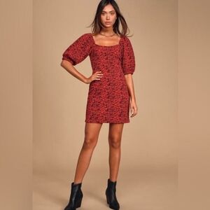 Free People Red Mini Dress with Puff Sleeves